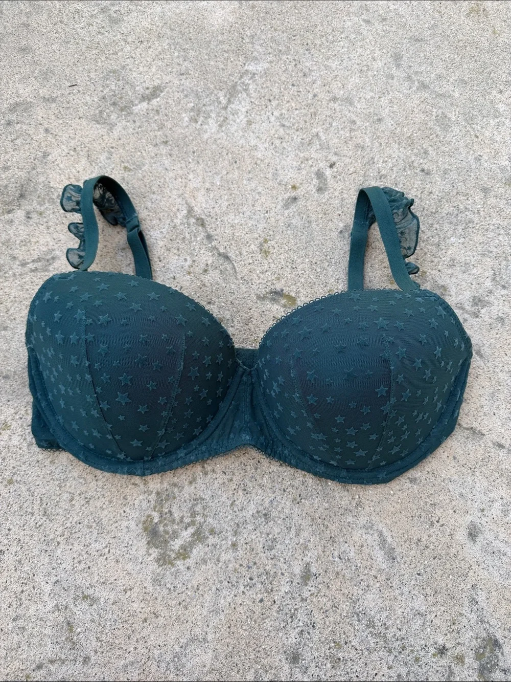 PINK Victorias Secret Lightly Lined Balconette Green Star Ruffle Bra Womens 36DD